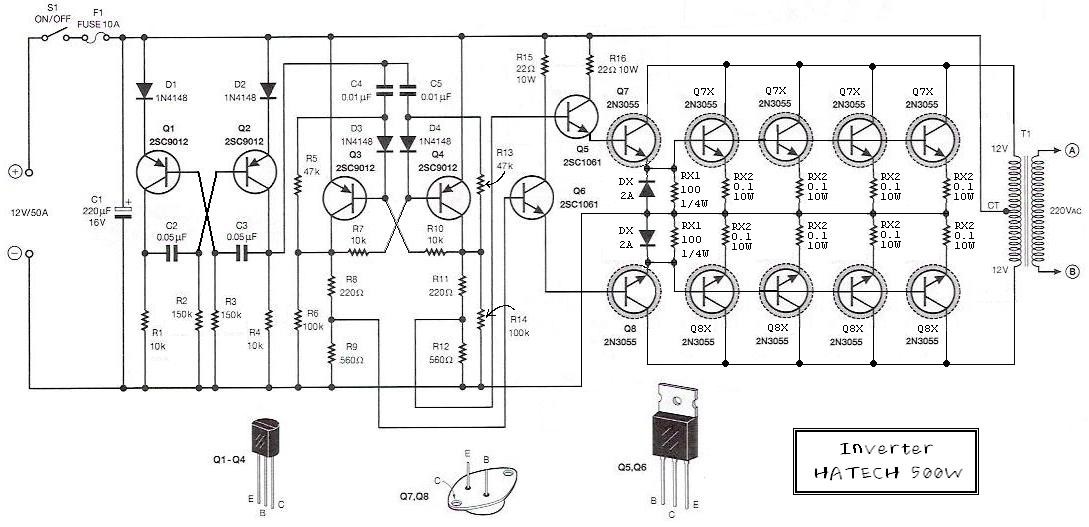 500W Power Inverter Circuit using Transistor 2N3055 ...